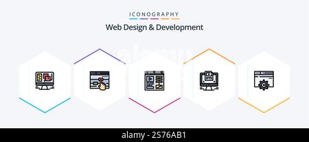 Web Design And Development 25 FilledLine icon pack including gear. web. design. website. computer Stock Vector