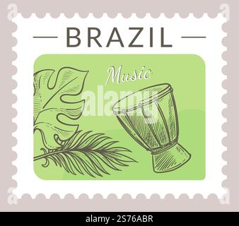 Postcard or postmark with musical instruments of Brazil. Drums and tropical leaves foliage. Postal mark or card, mailing letter and correspondence. Monochrome sketch outline. Vector in flat style. Musical instruments of Brazil, postcard vector Stock Vector