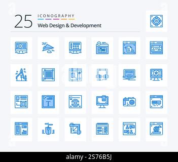 Web Design And Development 25 Blue Color icon pack including webpage. interface. monitor. day. design Stock Vector