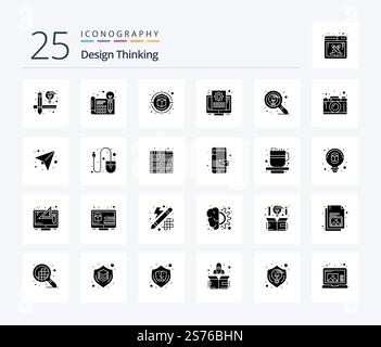 Design Thinking 25 Solid Glyph icon pack including find. screen. campaign. setting. document Stock Vector