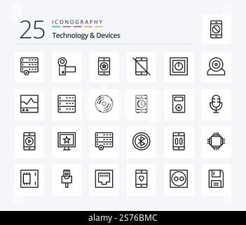 Devices 25 Line icon pack including phone. hardware. cellphone. devices. phone Stock Vector