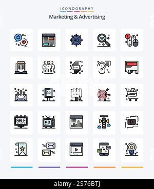 Creative Marketing And Advertising 25 Line FIlled icon pack  Such As search. key. layout. marketing. arrow Stock Vector