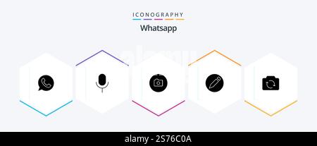 Whatsapp 25 Glyph icon pack including basic. camera. camera. text. basic Stock Vector