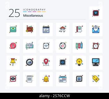 Miscellaneous 25 Line Filled icon pack including book. coding. house. home Stock Vector