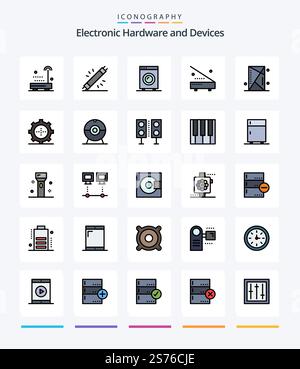 Creative Devices 25 Line FIlled icon pack  Such As technology. gadget. hardware. devices. outline Stock Vector