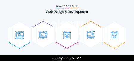 Web Design And Development 25 Blue icon pack including page. files. design. programming. coding Stock Vector