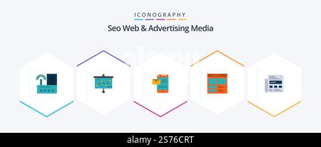 Seo Web And Advertising Media 25 Flat icon pack including website. video player. projector. video. chat Stock Vector