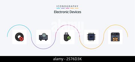 Devices Line Filled Flat 5 Icon Pack Including hardware. devices. computers. computers. stick Stock Vector