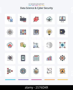 Creative Data Science And Cyber Security 25 Line FIlled icon pack  Such As monitor. scince. 3d. cloud. based Stock Vector
