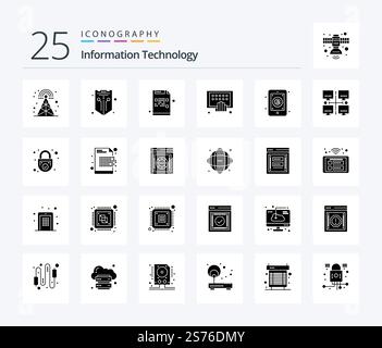Information Technology 25 Solid Glyph icon pack including phone. digital. web. apps. file Stock Vector