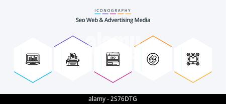 Seo Web And Advertising Media 25 Line icon pack including url. link. publish. tech. hosting Stock Vector