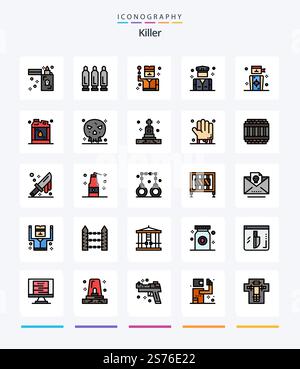 Creative Killer 25 Line FIlled icon pack  Such As goal. security. crime. police. business Stock Vector