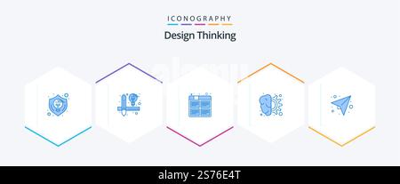 Design Thinking 25 Blue icon pack including process. design. board. brain. production Stock Vector