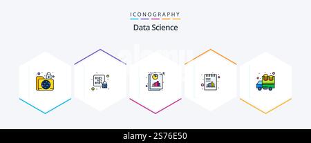 Data Science 25 FilledLine icon pack including graph. analytics. rack. book. document Stock Vector