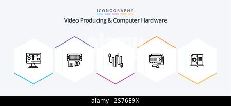 Video Producing And Computer Hardware 25 Line icon pack including book. power. audio. computer. apc Stock Vector