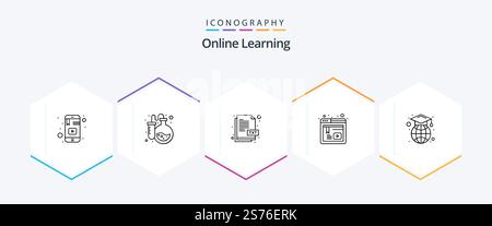 Online Learning 25 Line icon pack including graduation cap. web. online test. online. study Stock Vector