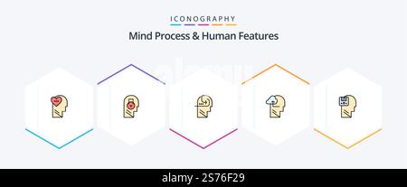 Mind Process And Human Features 25 FilledLine icon pack including memory. mind. user. gain. head Stock Vector