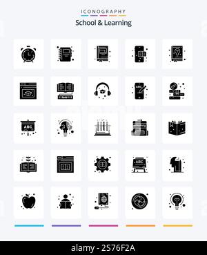 Creative School And Learning 25 Glyph Solid Black icon pack  Such As education. cap. education book. education. learning Stock Vector