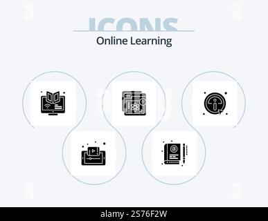Online Learning Glyph Icon Pack 5 Icon Design. e-learning. website. education. course. webinar Stock Vector