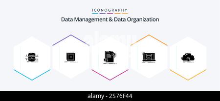 Data Management And Data Organization 25 Glyph icon pack including checklist. system. problem. website. file Stock Vector