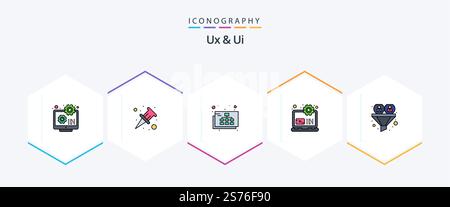 Ux And Ui 25 FilledLine icon pack including filter. setting. map. laptop. computer Stock Vector
