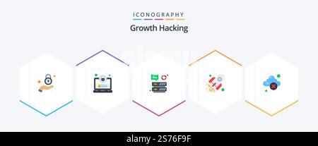 Hacking 25 Flat icon pack including cloud storage. space. datacenter. rocket. code Stock Vector