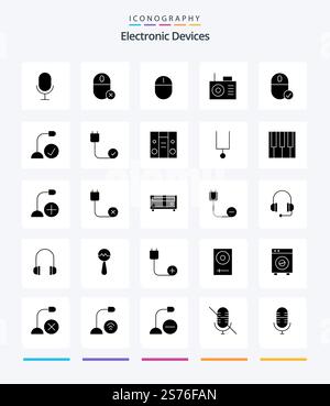 Creative Devices 25 Glyph Solid Black icon pack  Such As cord. computers. device. hardware. devices Stock Vector