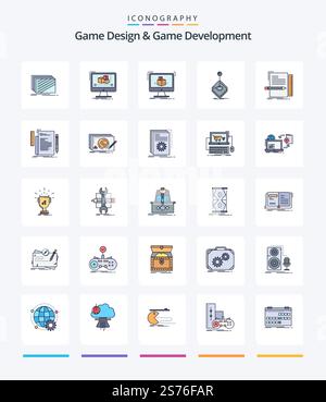 Creative Game Design And Game Development 25 Line FIlled icon pack  Such As gaming. arcade. monitor. sketch. dimensional Stock Vector