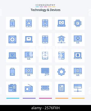 Creative Devices 25 Blue icon pack  Such As gadgets. processor. mobile. devices. chip Stock Vector