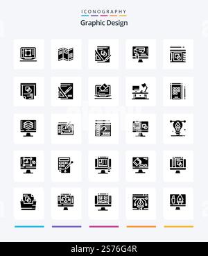 Creative Graphic Design 25 Glyph Solid Black icon pack  Such As computer. graph. map. mathematics. book Stock Vector