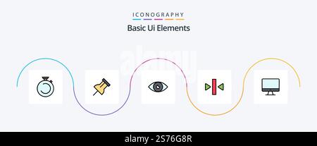 Basic Ui Elements Line Filled Flat 5 Icon Pack Including computer. back. app. pause. mobile Stock Vector