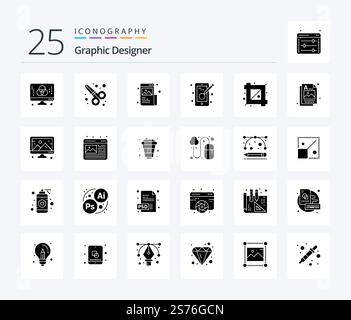 Graphic Designer 25 Solid Glyph icon pack including crop. designing. art. design. image Stock Vector