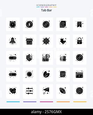 Creative Tab Bar 25 Glyph Solid Black icon pack  Such As rocket. shopping list. cross. favorite. documents Stock Vector