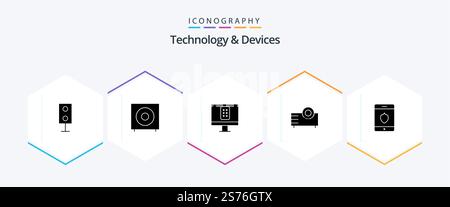 Devices 25 Glyph icon pack including technology. products. products. electronics. tv Stock Vector