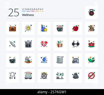 Wellness 25 Line Filled icon pack including apple. salad. yoga. healthy. health Stock Vector