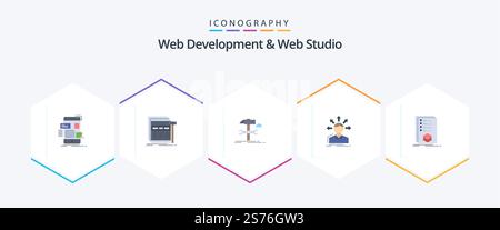 Web Development And Web Studio 25 Flat icon pack including options. conversion. webpage. service. hammer Stock Vector