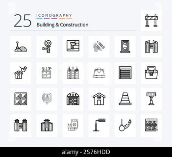 Building And Construction 25 Line icon pack including house. construction. roller. work. construction Stock Vector