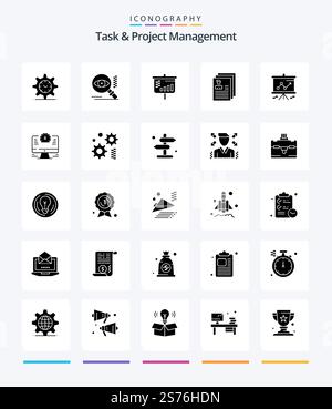 Creative Task And Project Management 25 Glyph Solid Black icon pack  Such As file. account. view.. projector Stock Vector
