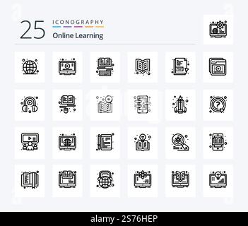Online Learning 25 Line icon pack including pdf document. reading. book. learning. reading Stock Vector