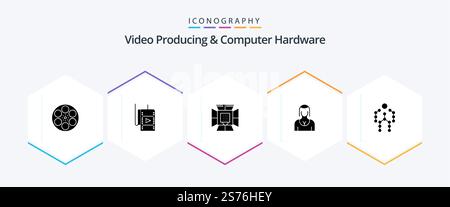 Video Producing And Computer Hardware 25 Glyph icon pack including girl. avatar. theatre. actress. professional Stock Vector