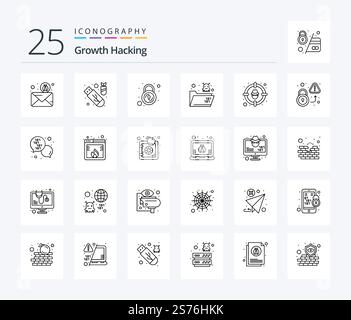 Hacking 25 Line icon pack including cyber. folder. ddos. death. security Stock Vector