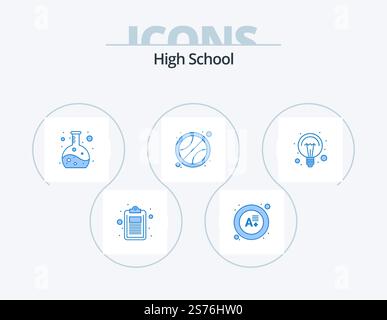 High School Blue Icon Pack 5 Icon Design. light. electricity. chemistry. education. sport Stock Vector