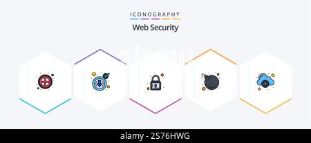 Web Security 25 FilledLine icon pack including security. data. lock. cloud. threat Stock Vector