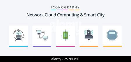 Network Cloud Computing And Smart City Flat 5 Icon Pack Including broadcasting. satellite. sync. smartphone. data. Creative Icons Design Stock Vector