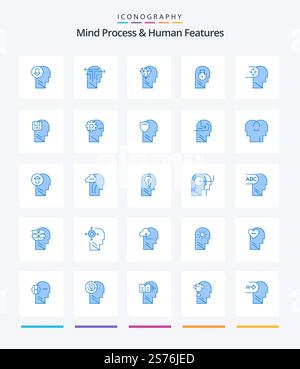 Creative Mind Process And Human Features 25 Blue icon pack  Such As user. message. head. secure. head Stock Vector