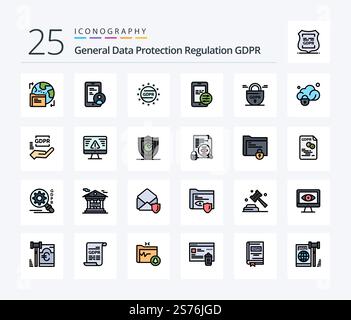 Gdpr 25 Line Filled icon pack including protection. data. gdpr. security. gdpr Stock Vector