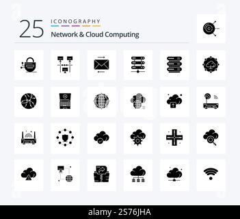 Network And Cloud Computing 25 Solid Glyph icon pack including network. storage. message. network. computing Stock Vector