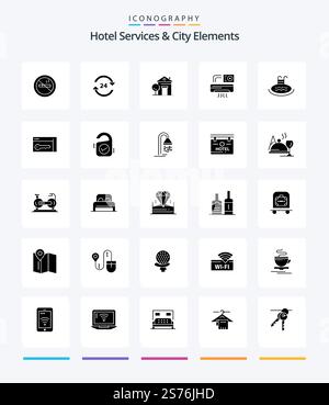 Creative Hotel Services And City Elements 25 Glyph Solid Black icon pack  Such As room. aircondition. service. air. house Stock Vector