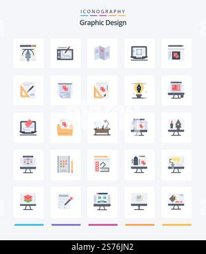 Creative Graphic Design 25 Flat icon pack  Such As graph. enhance. newspaper. designing tool. laptop Stock Vector