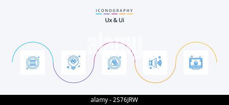 Ux And Ui Blue 5 Icon Pack Including screen. lock. color. volume. audio Stock Vector